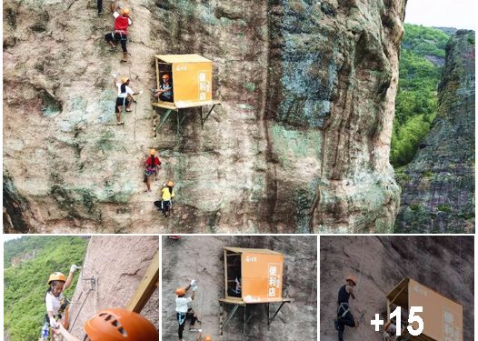 This small store hangs from a large cliff, providing water and snacks for rock climbers.